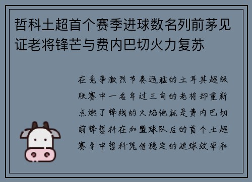 哲科土超首个赛季进球数名列前茅见证老将锋芒与费内巴切火力复苏