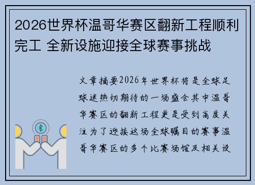 2026世界杯温哥华赛区翻新工程顺利完工 全新设施迎接全球赛事挑战
