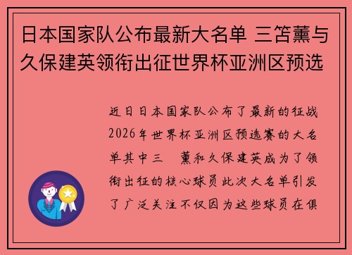 日本国家队公布最新大名单 三笘薰与久保建英领衔出征世界杯亚洲区预选赛
