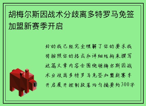 胡梅尔斯因战术分歧离多特罗马免签加盟新赛季开启